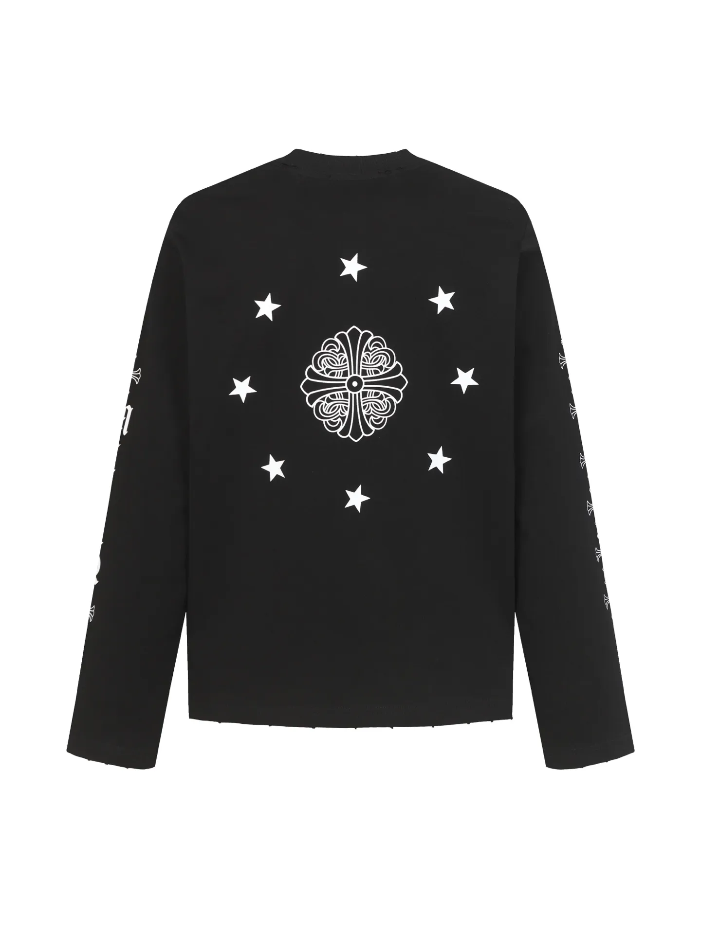 🅿️270 CH/Croxin new frayed printed long sleeves 280g double yarn fabric frayed on four sides Heavy fabric The neckline is made of icy Solona Loose fit Deep, wide and stylish No deformation or shrinkage Color: Black/White Size: XS-L